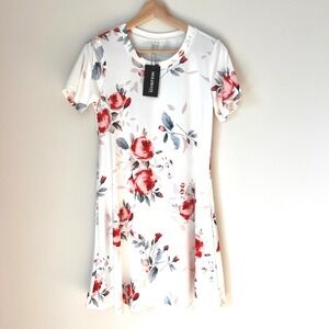 Molerani White Red Floral Print Short Sleeve A-Line‎ Dress Spring  Women Size S